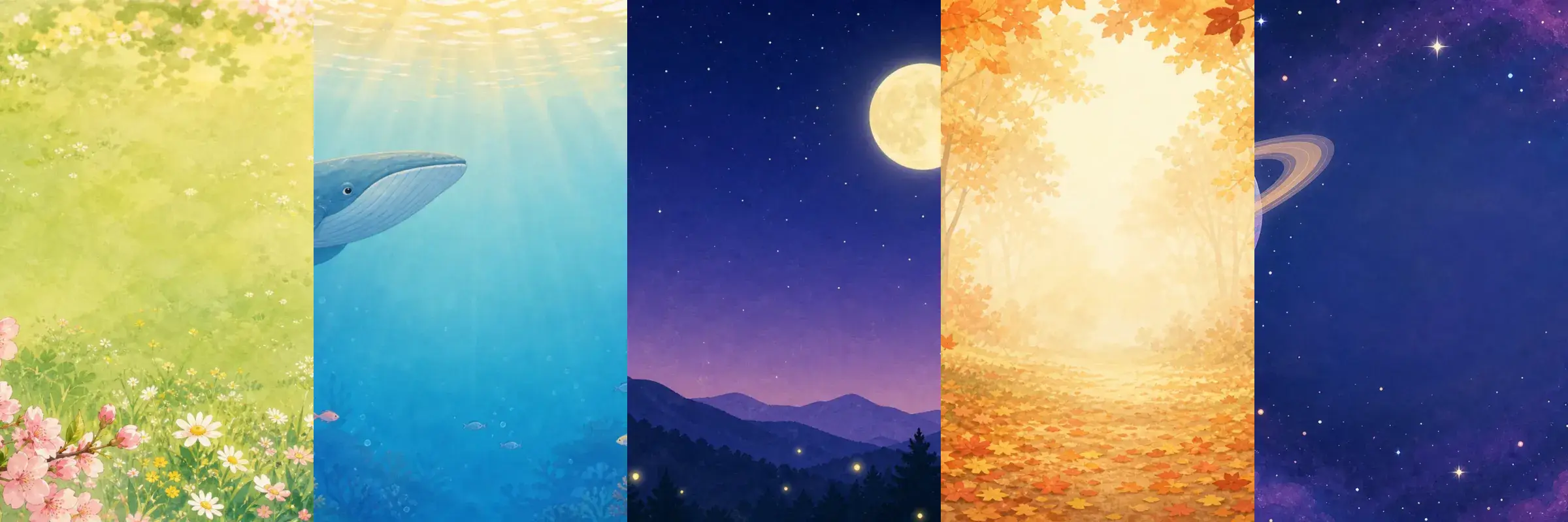 瑞丁阅读路线全景 — 春日花园 → 海底世界 → 夏夜星空 → 秋季森林 → 太空冒险